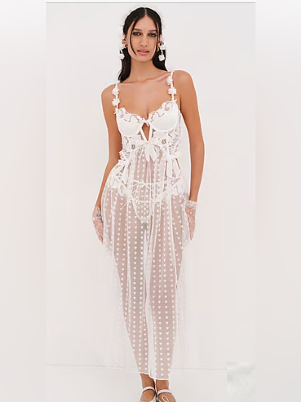 🍋 For Love And Lemons White Sheer Polka-Dot Lace Maxi Slip Dress